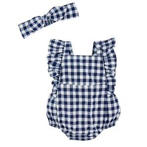 Mudpie Navy & White Gingham Sleeveless Bubble Romper New Size 6-9M